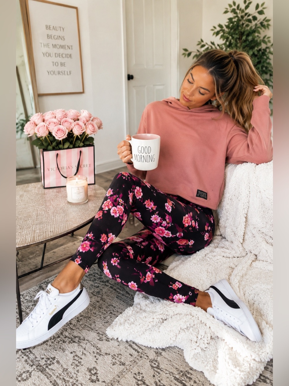 PINK Victoria’s Secret Cozy Floral Leggings Small Petite Black Pink Yoga Pants